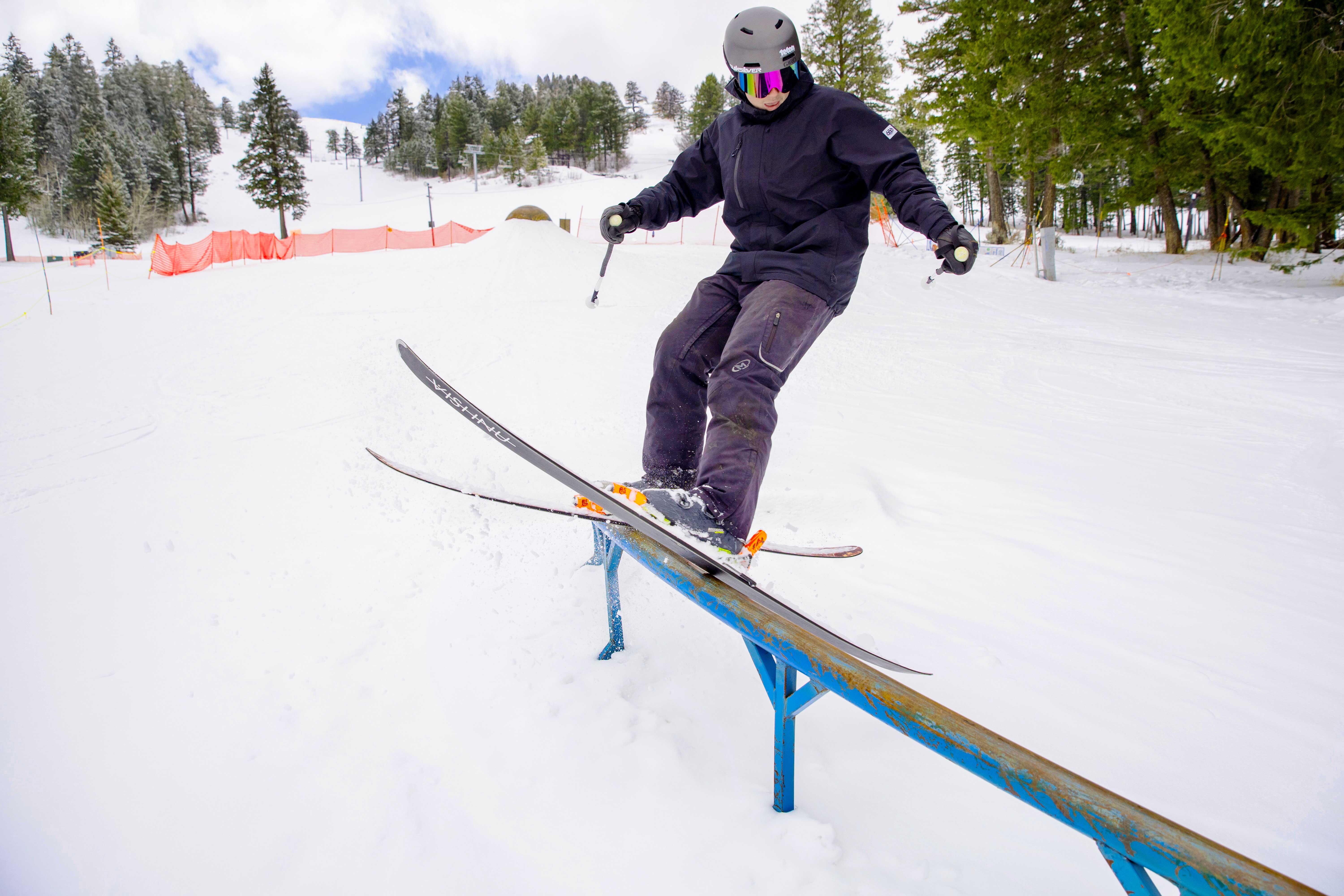 A skier jibs a rail at Kelly Canyon Resort's terrain park.
