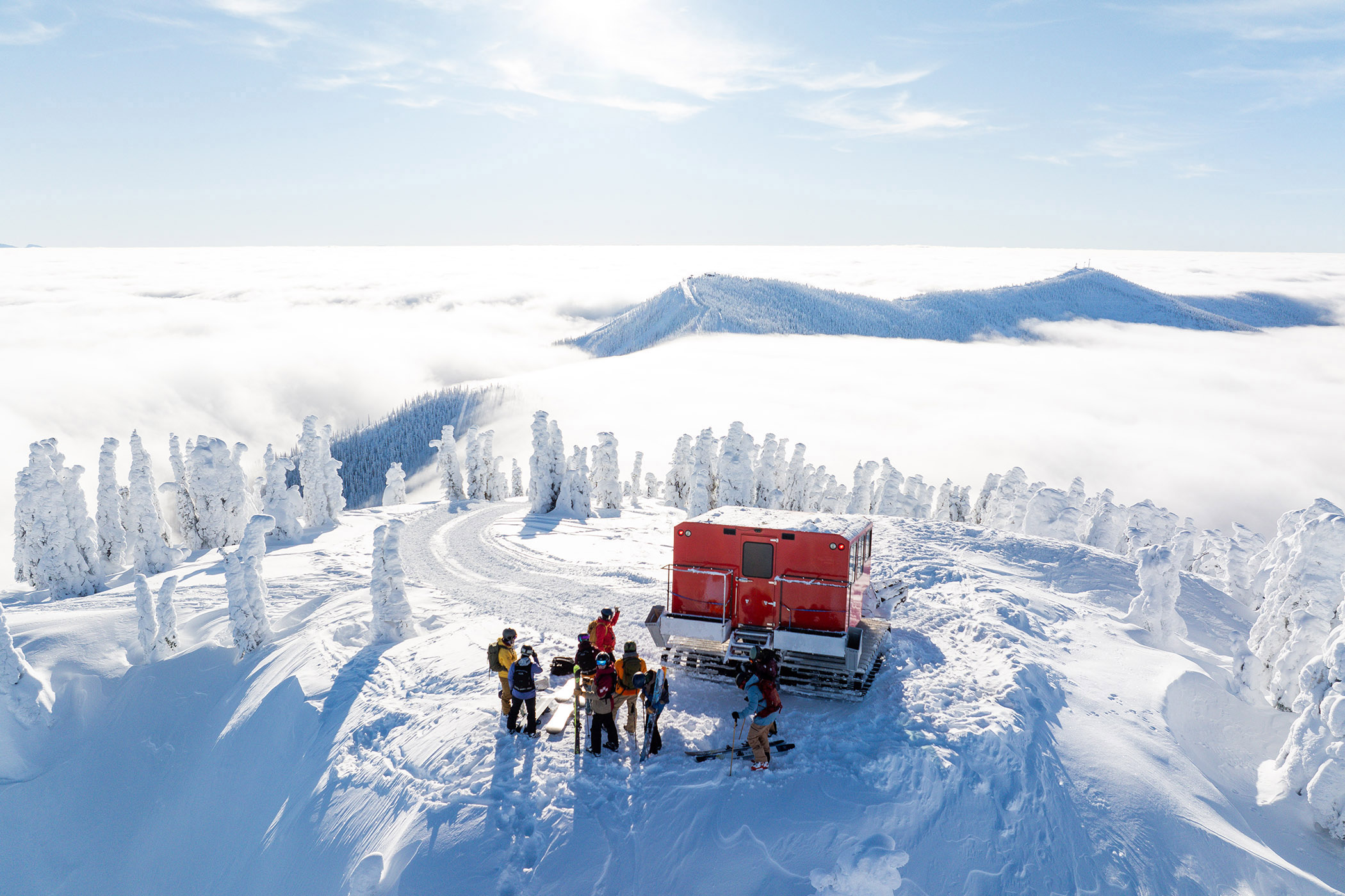 Snowcat pictured at the top of Schweitzer Mountain Resort during a guided snowcat tour.